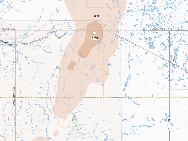 Radar-estimated hail-size map of the storm over Makoti, ND on Jun 9, 2026