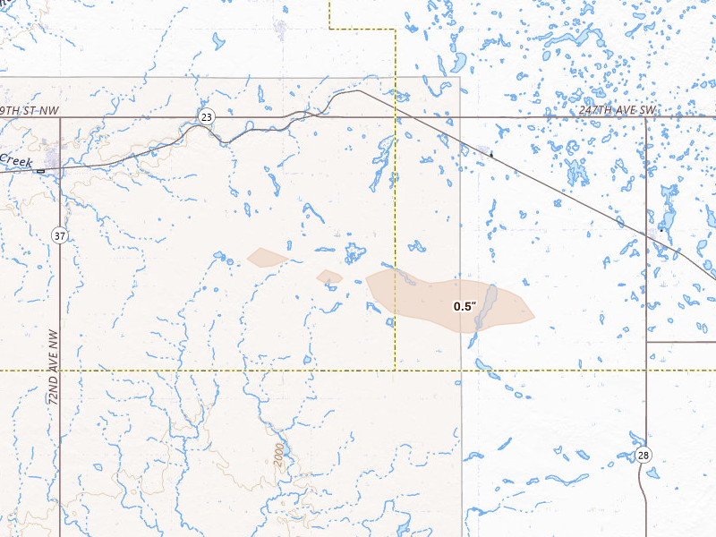 Radar-estimated hail-size map of the storm over Makoti, ND on Aug 27, 2026
