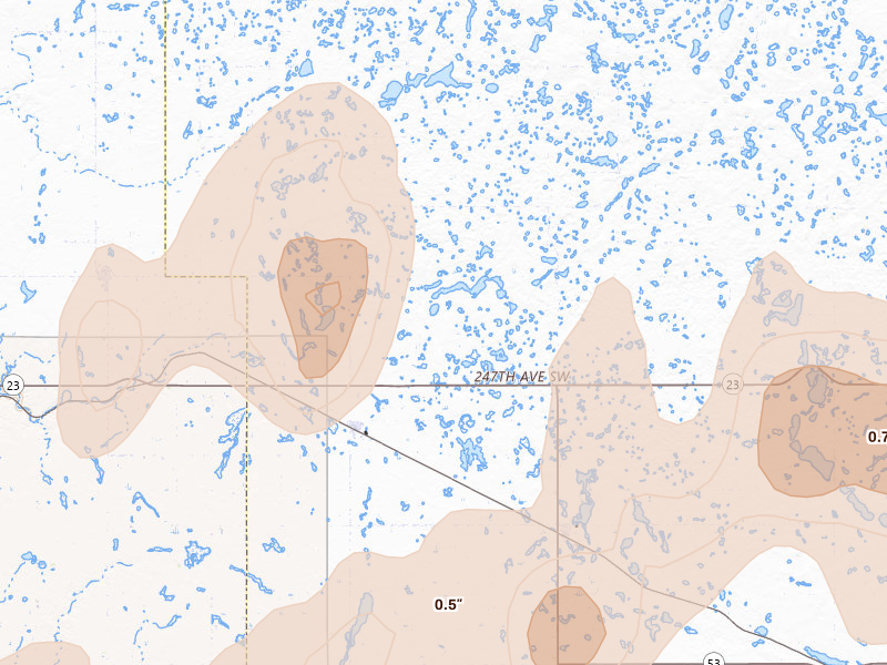 Radar-estimated hail-size map of the storm over Makoti, ND on Sep 2, 2026