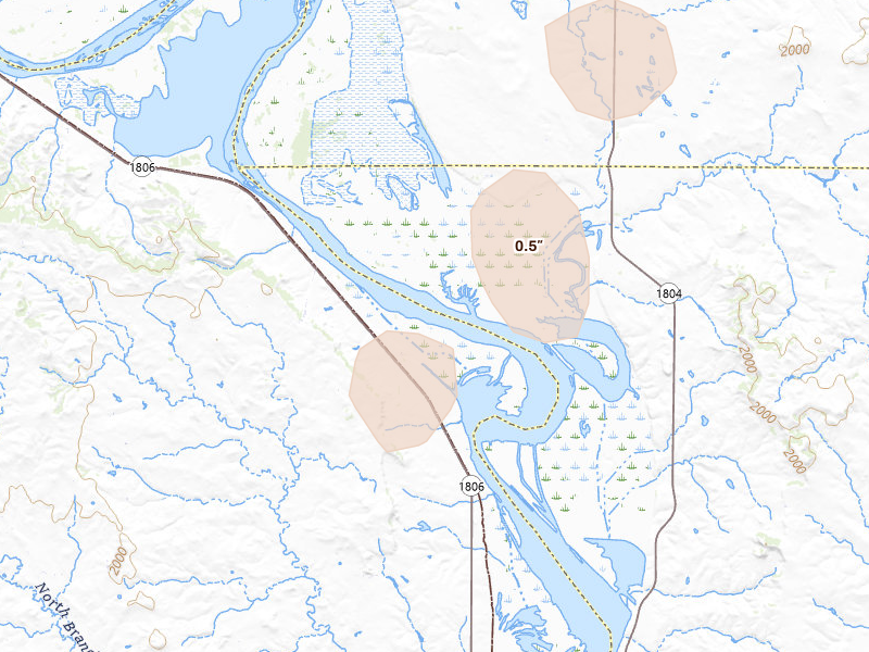 Radar-estimated hail-size map of the storm over Mandan, ND on Jun 2, 2026