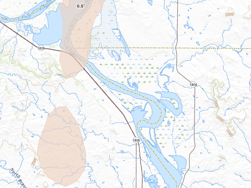 Radar-estimated hail-size map of the storm over Mandan, ND on Jun 7, 2026