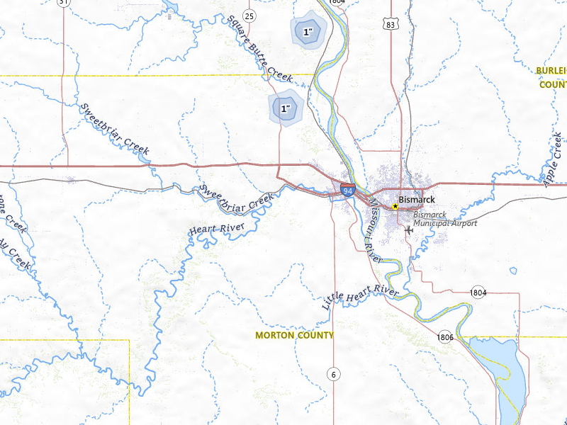 NEXRAD radar-signature map of the hail storm over Mandan, ND on Jun 9, 2026