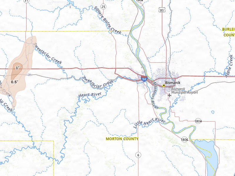 Radar-estimated hail-size map of the storm over Mandan, ND on Jun 28, 2026
