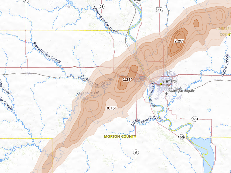 Radar-estimated hail-size map of the storm over Mandan, ND on Jun 29, 2026