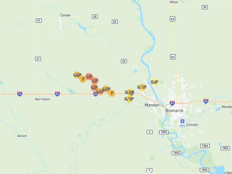 Hail map of Mandan, ND on Jul 3, 2026, hail up to 1.5"