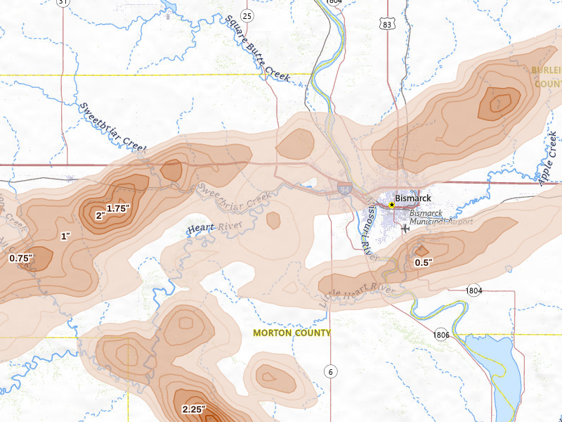 Radar-estimated hail-size map of the storm over Mandan, ND on Aug 11, 2026