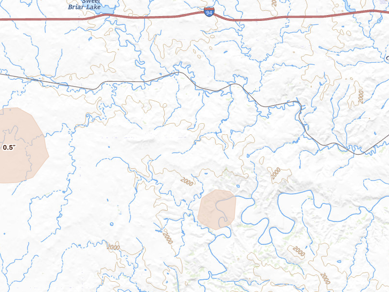 Radar-estimated hail-size map of the storm over Mandan, ND on Aug 30, 2026