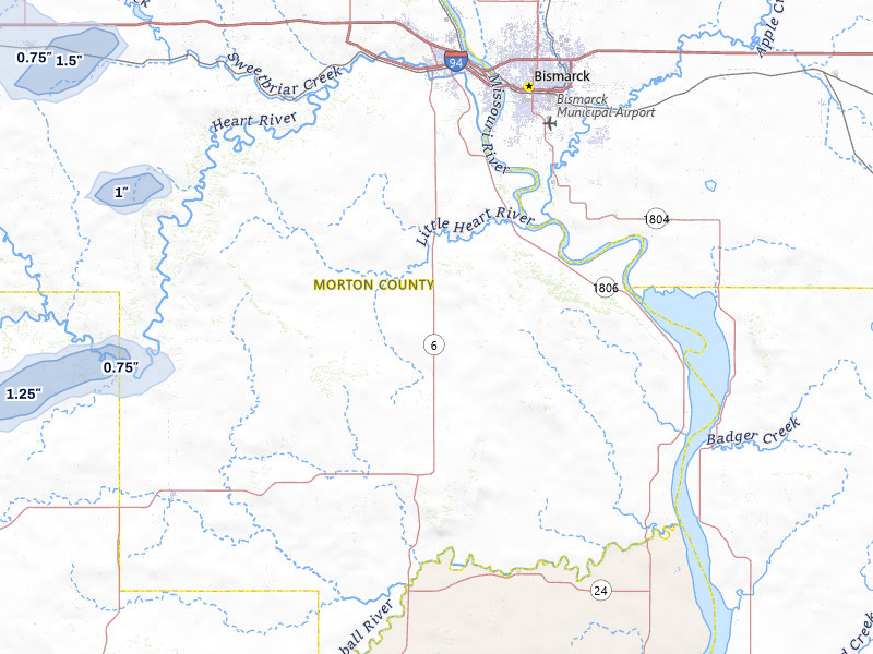 NEXRAD radar-signature map of the hail storm over Mandan, ND on Aug 30, 2026
