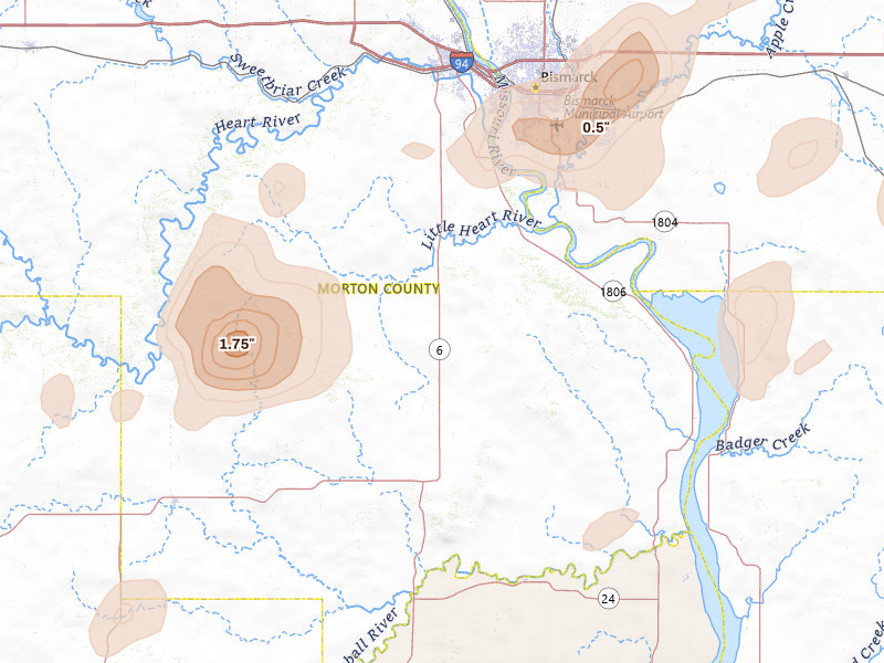 Radar-estimated hail-size map of the storm over Mandan, ND