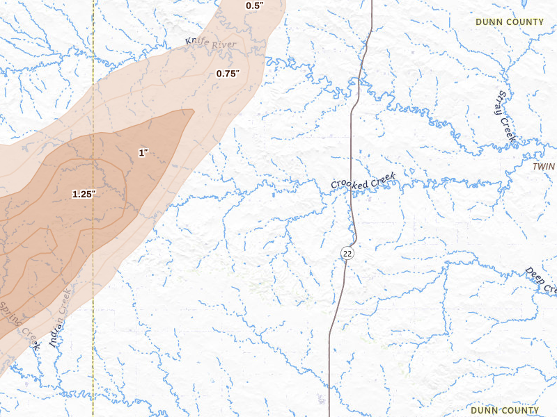 Radar-estimated hail-size map of the storm over Manning, ND on Jun 7, 2026