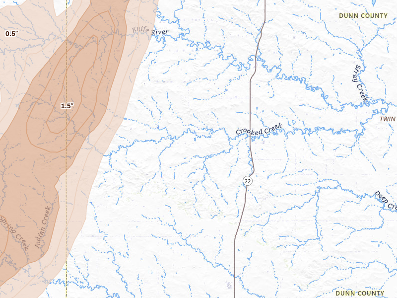 Radar-estimated hail-size map of the storm over Manning, ND on Jul 2, 2026