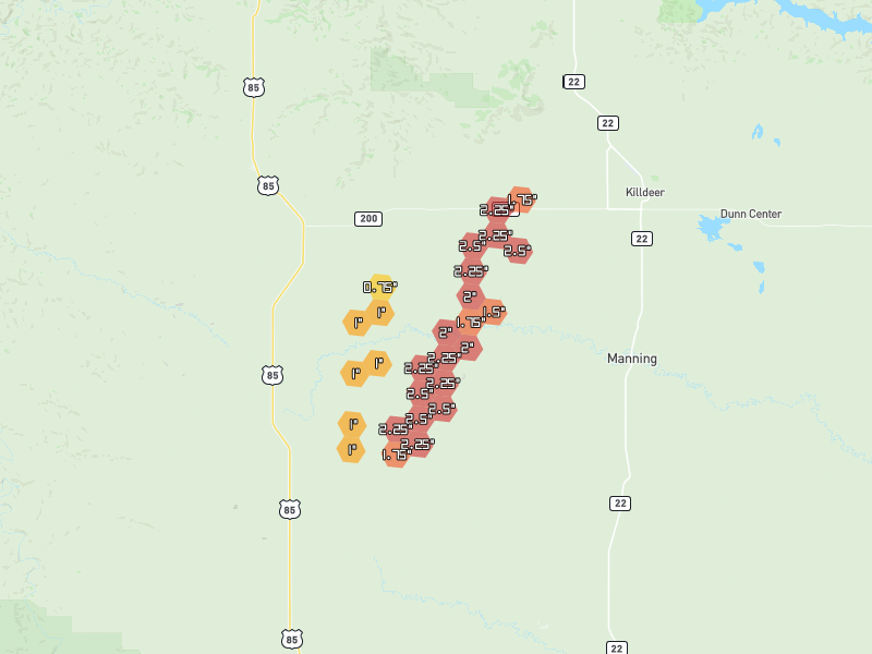 Hail map of Manning, ND on Jul 3, 2026, hail up to 2.5"