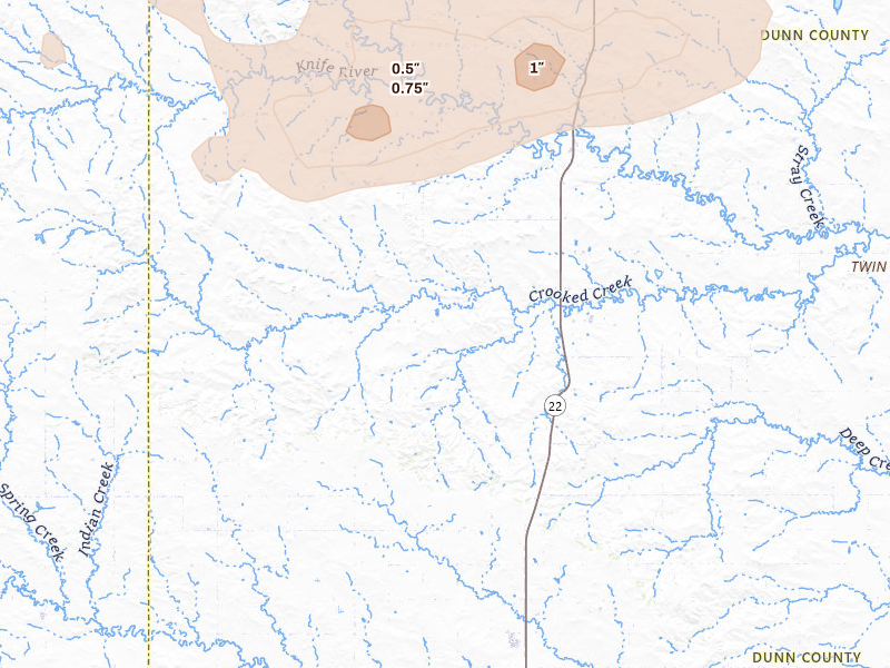 Radar-estimated hail-size map of the storm over Manning, ND on Jul 5, 2026