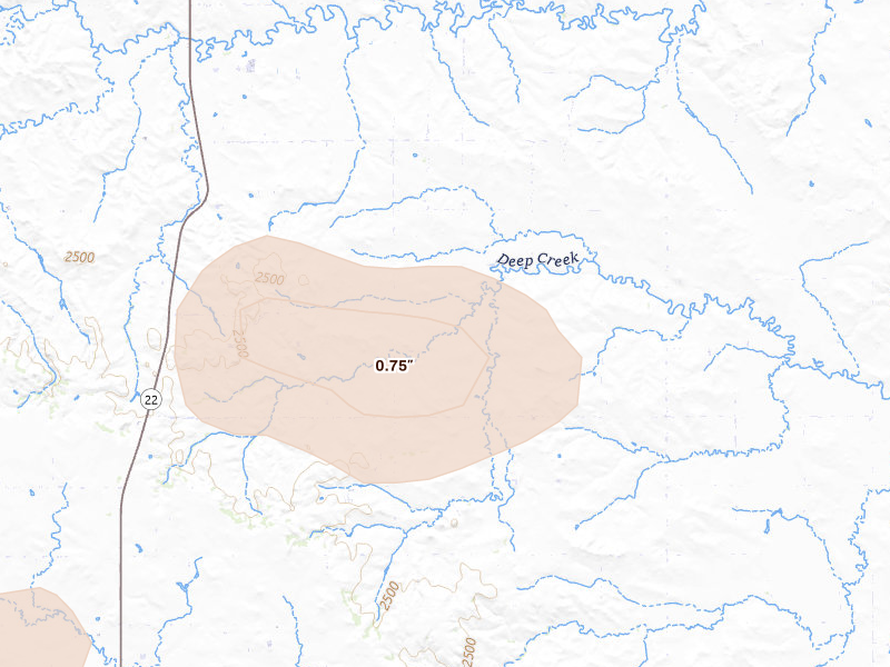 Radar-estimated hail-size map of the storm over Manning, ND on Aug 11, 2026