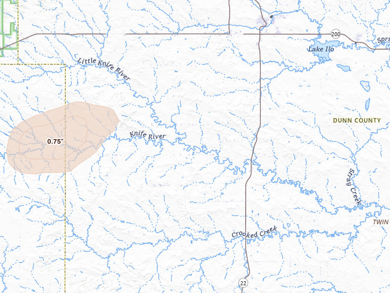 Radar-estimated hail-size map of the storm over Manning, ND on Aug 27, 2026