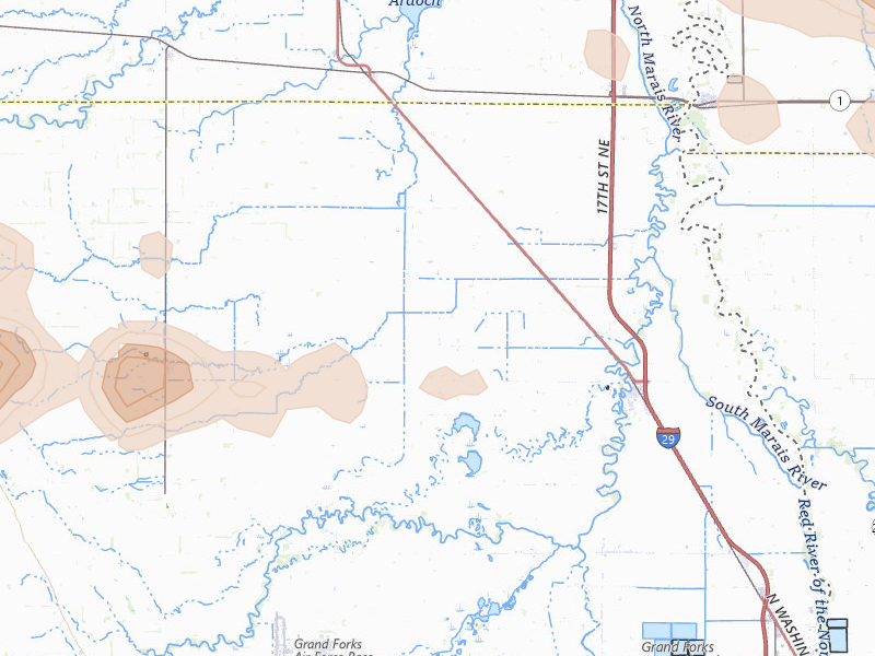 Radar-estimated hail-size map of the storm over Manvel, ND on Jul 24, 2026