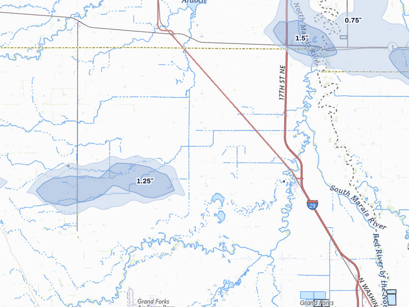 NEXRAD radar-signature map of the hail storm over Manvel, ND on Jul 24, 2026