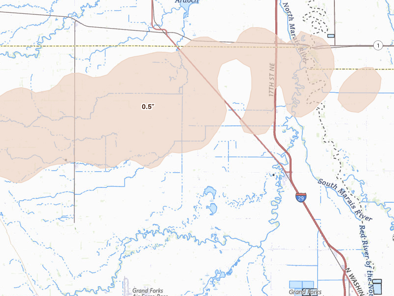 Radar-estimated hail-size map of the storm over Manvel, ND on Aug 24, 2026