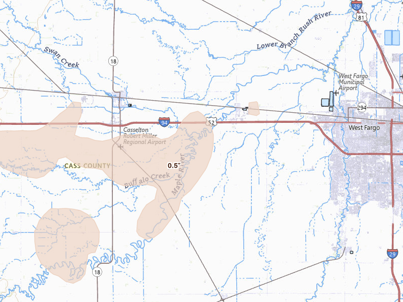 Radar-estimated hail-size map of the storm over Mapleton, ND on Jul 30, 2026