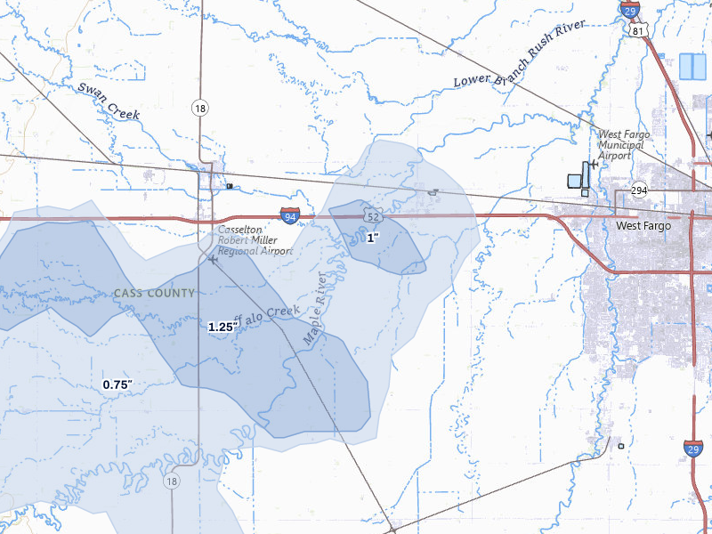 NEXRAD radar-signature map of the hail storm over Mapleton, ND on Jul 30, 2026