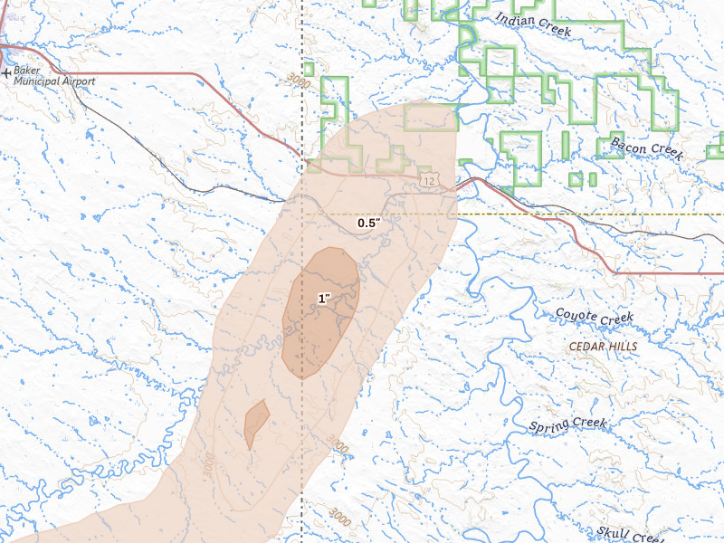 Radar-estimated hail-size map of the storm over Marmarth, ND on Jun 6, 2026