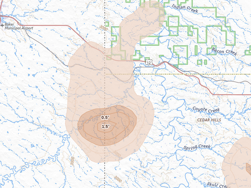 Radar-estimated hail-size map of the storm over Marmarth, ND on Jul 2, 2026
