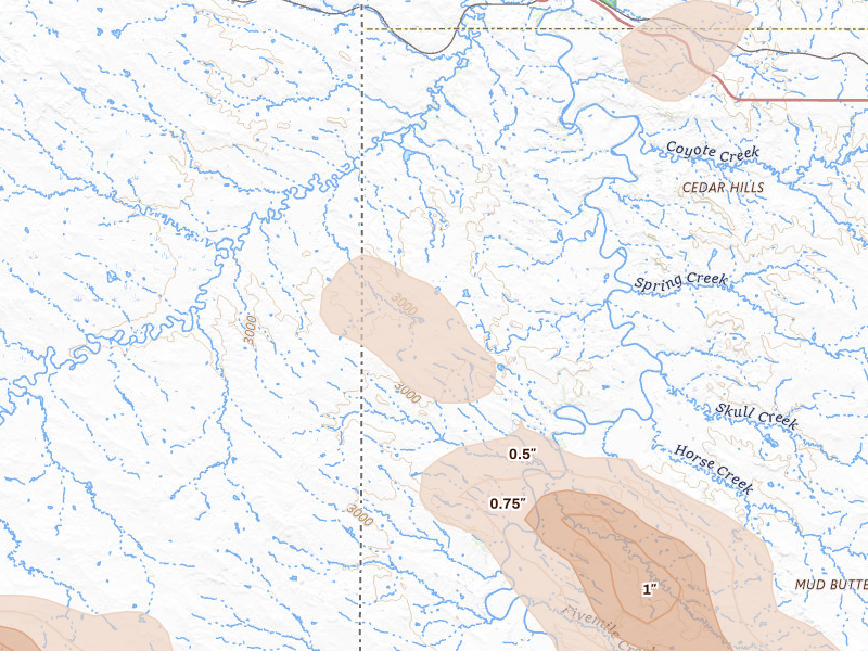 Radar-estimated hail-size map of the storm over Marmarth, ND on Aug 11, 2026