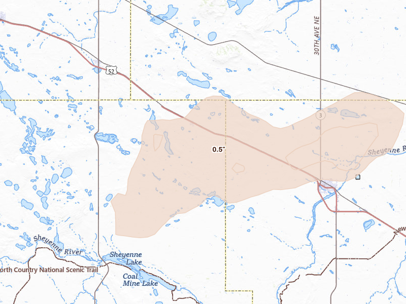 Radar-estimated hail-size map of the storm over Martin, ND on Jun 28, 2026