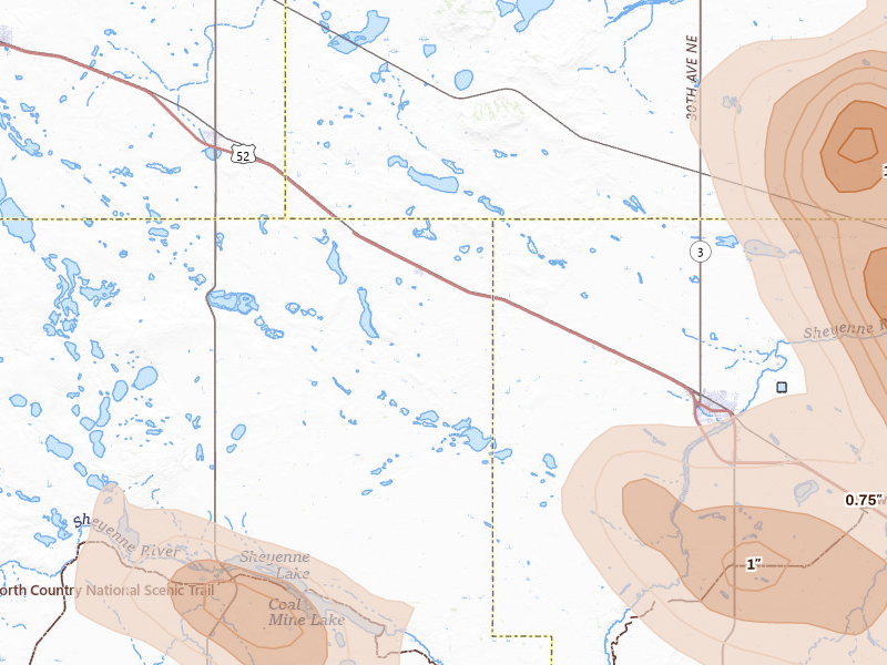 Radar-estimated hail-size map of the storm over Martin, ND on Jul 9, 2026