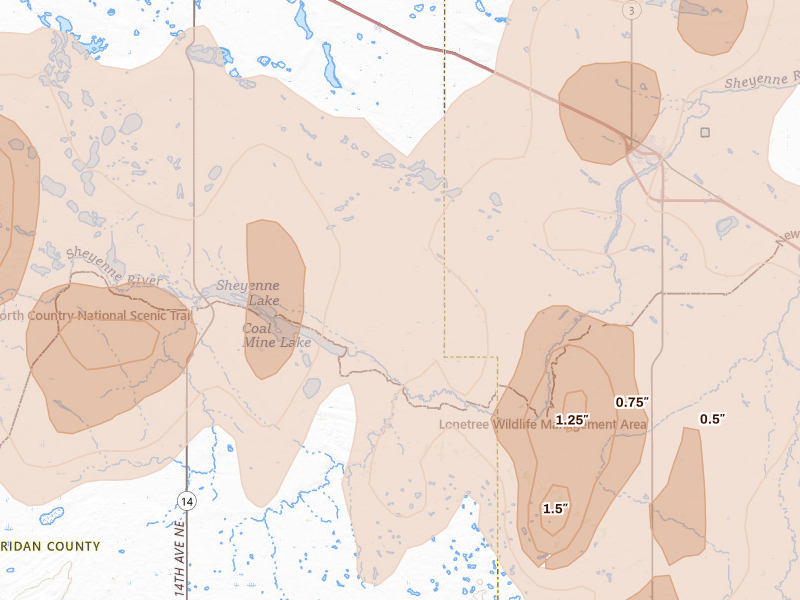 Radar-estimated hail-size map of the storm over Martin, ND on Sep 3, 2026