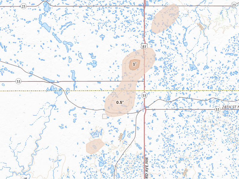 Radar-estimated hail-size map of the storm over Max, ND on Jun 2, 2026
