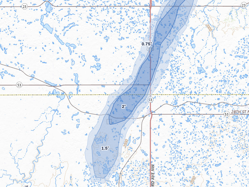 NEXRAD radar-signature map of the hail storm over Max, ND on Jun 2, 2026
