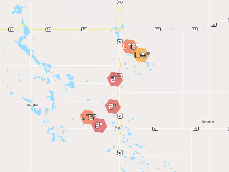 Hail map of Max, ND on Jun 2, 2026, hail up to 2"