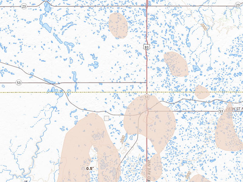 Radar-estimated hail-size map of the storm over Max, ND on Jun 9, 2026