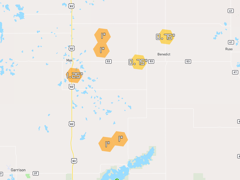 Hail map of Max, ND on Jun 9, 2026, hail up to 1.25"