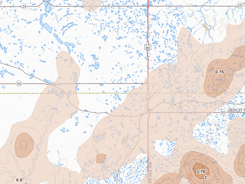 Radar-estimated hail-size map of the storm over Max, ND on Jun 28, 2026