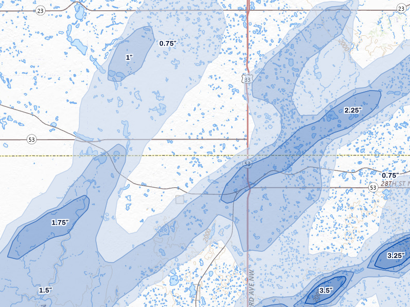 NEXRAD radar-signature map of the hail storm over Max, ND on Jun 28, 2026