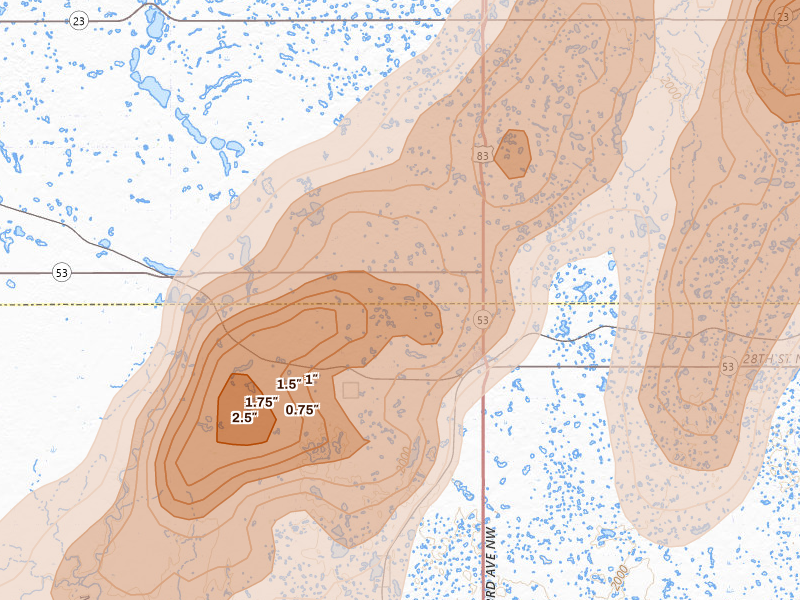 Radar-estimated hail-size map of the storm over Max, ND on Jun 29, 2026