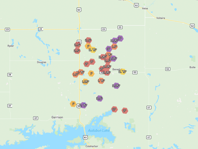 Hail map of Max, ND on Jun 29, 2026, hail up to 3.5"