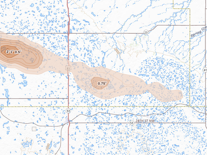 Radar-estimated hail-size map of the storm over Max, ND on Aug 10, 2026