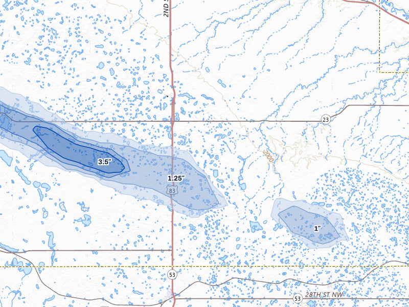 NEXRAD radar-signature map of the hail storm over Max, ND on Aug 10, 2026