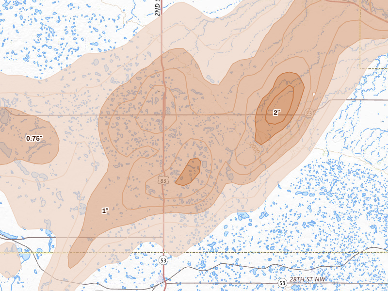 Radar-estimated hail-size map of the storm over Max, ND on Sep 2, 2026