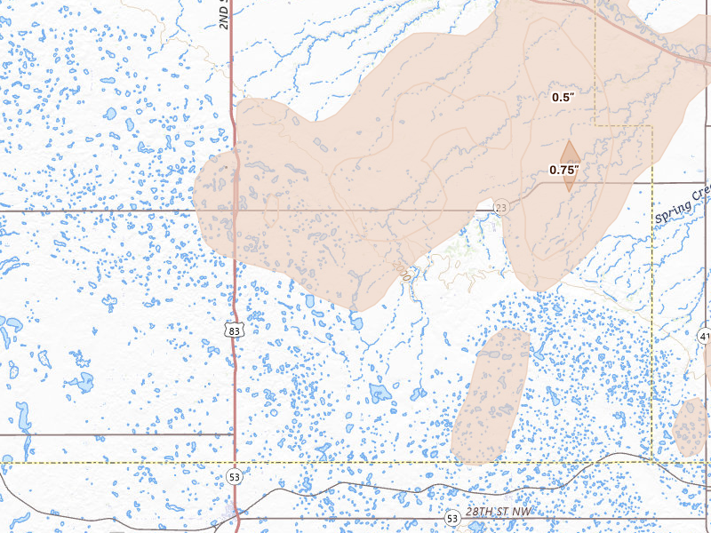 Radar-estimated hail-size map of the storm over Max, ND on Sep 3, 2026