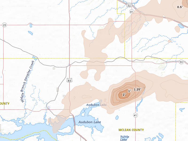 Radar-estimated hail-size map of the storm over Max, ND