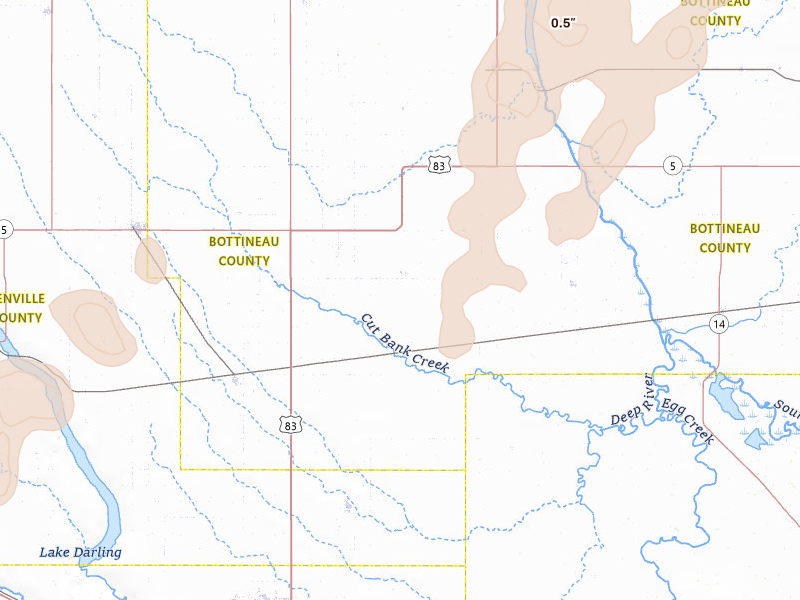 Radar-estimated hail-size map of the storm over Maxbass, ND on Jun 6, 2026