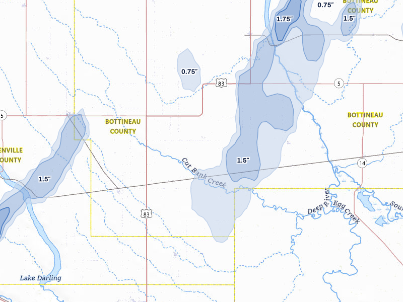 NEXRAD radar-signature map of the hail storm over Maxbass, ND on Jun 6, 2026