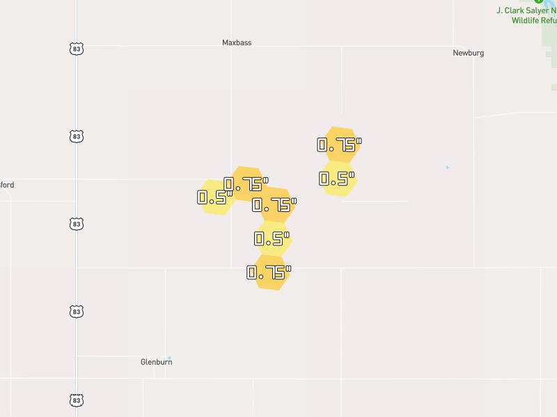 Hail map of Maxbass, ND on Jun 7, 2026, hail up to 0.75"