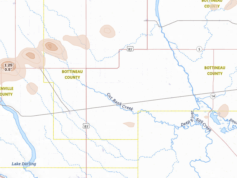 Radar-estimated hail-size map of the storm over Maxbass, ND on Jul 5, 2026