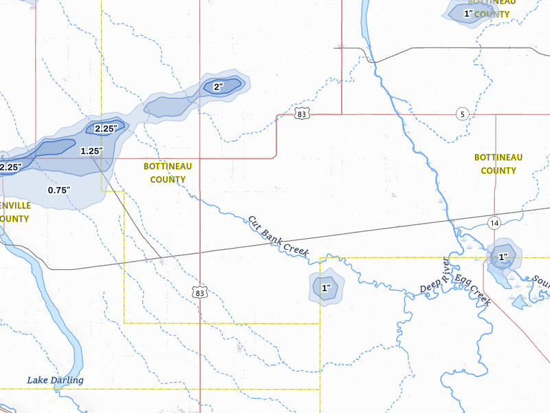 NEXRAD radar-signature map of the hail storm over Maxbass, ND on Jul 5, 2026