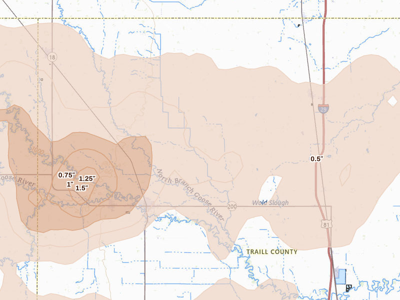 Radar-estimated hail-size map of the storm over Mayville, ND on Sep 3, 2026